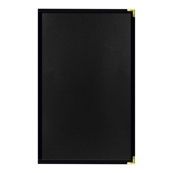 A black rectangular menu cover with gold corners and a black border.