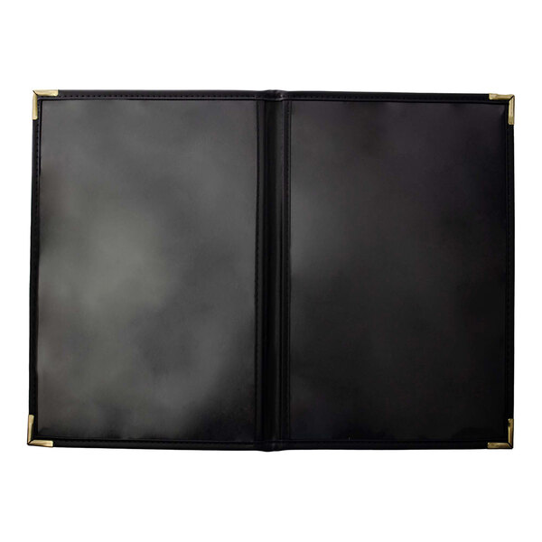 A black rectangular menu cover with a white interior strip.