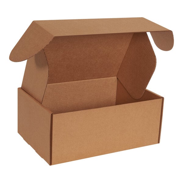A brown box with a white top and open front locking tabs.