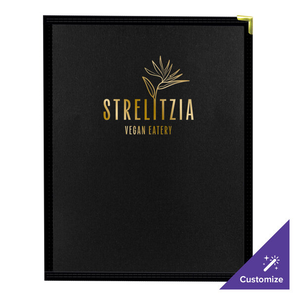 A black H. Risch, Inc. menu cover with gold text that says "Strelitzia" on it.