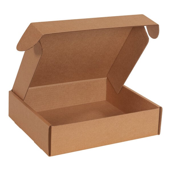 A brown Lavex corrugated mailer box with an open lid.