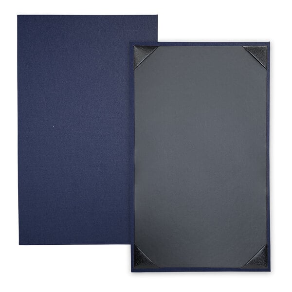 A black linen menu cover with a blue edge and black corners.