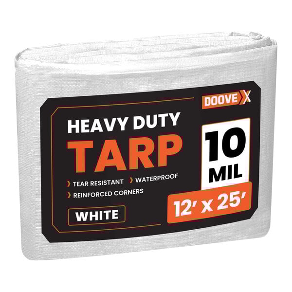 A roll of white heavy-duty Doovex polyethylene tarp material with black and orange label.