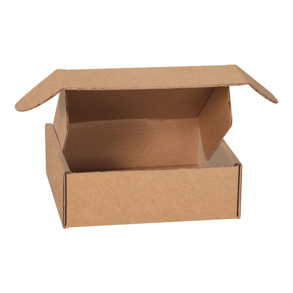 A brown Lavex cardboard mailer with an open lid.