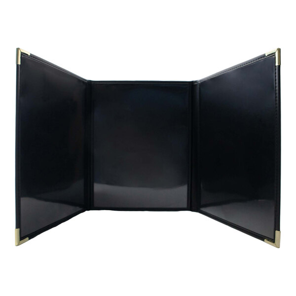 A black linen H. Risch, Inc. menu cover with gold corners.