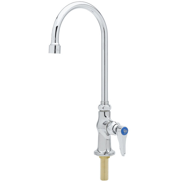 A silver T&S deck mount faucet with a blue knob.