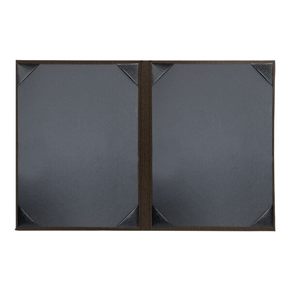 A black rectangular linen menu cover with album style corners.