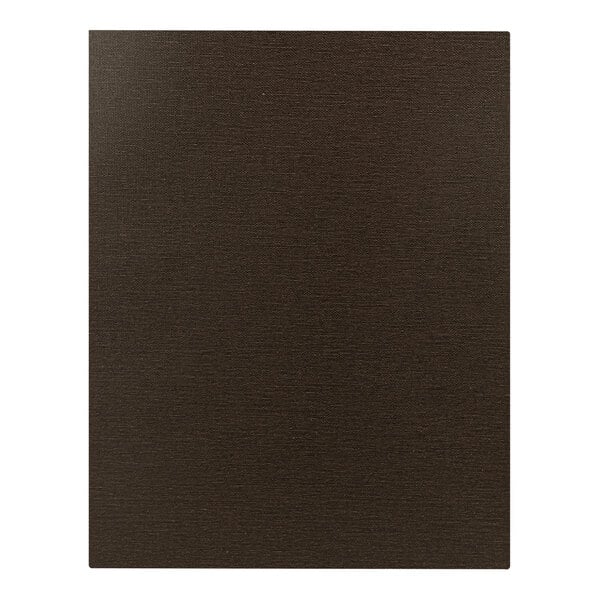 A close-up of a brown H. Risch, Inc. Linen Menu Cover with album style corners.