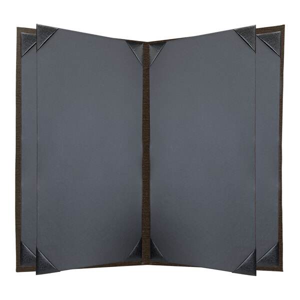 A black linen menu cover with brown album style corners.