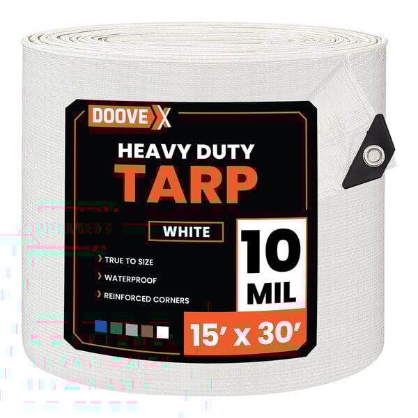 A rolled white heavy-duty polyethylene tarp measuring 15 by 30 feet.