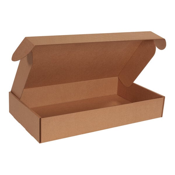 A Lavex kraft corrugated mailer box with a lid open.
