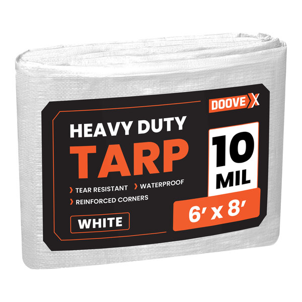 A white Doovex heavy-duty weatherproof polyethylene tarp with black and orange labels.