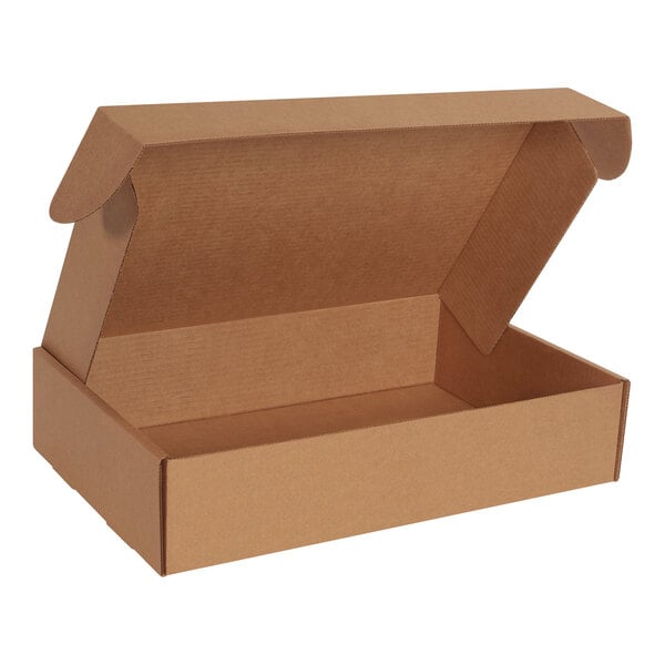 A Lavex Kraft corrugated mailer with a lid open.