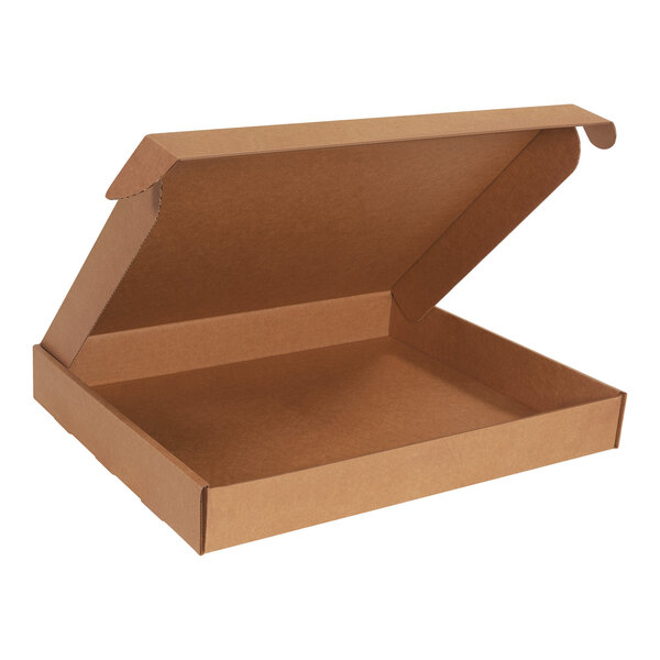 A brown Lavex corrugated mailer box with an open lid.