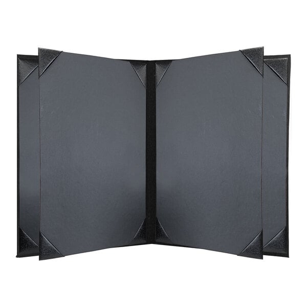 A grey rectangular H. Risch, Inc. menu cover with black album style corners holding two open black pages.