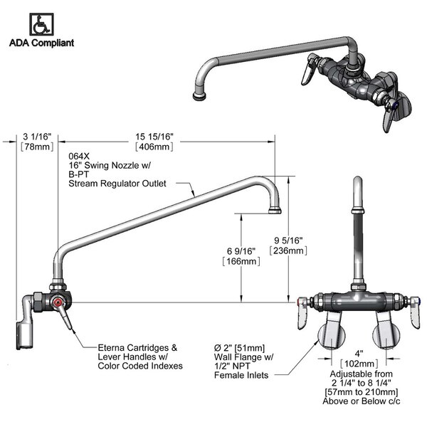 A T&S wall mounted pantry faucet with adjustable centers and a 16" swing nozzle.