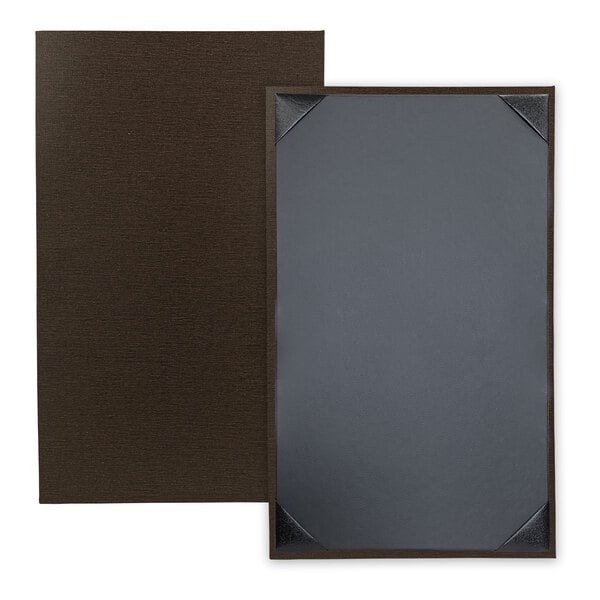 A black and brown H. Risch, Inc. customizable menu cover with a black frame.