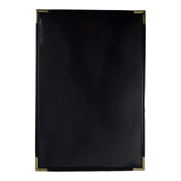 A black linen menu cover with gold corner accents, designed to hold an 8 1/2" x 14" menu.