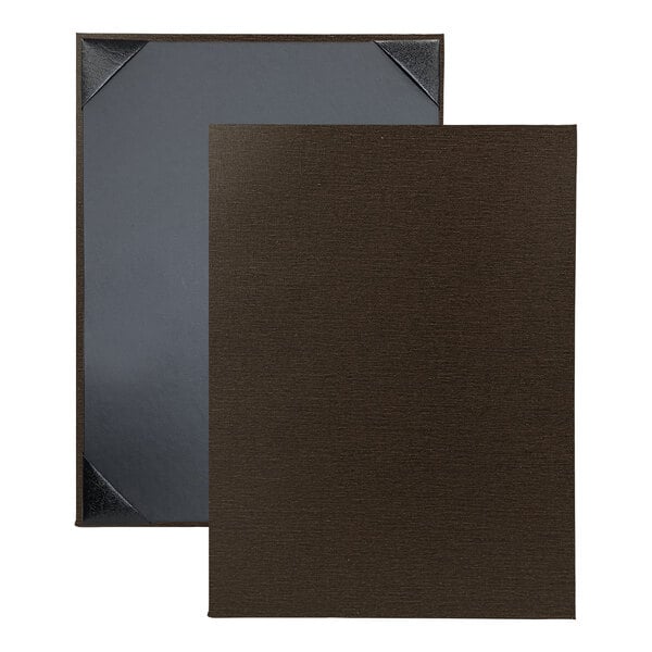 A close-up of two brown H. Risch, Inc. linen menu covers with black trim.
