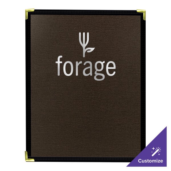 A customizable espresso-colored linen menu cover with metal corner protectors and the word 'forage' on the front.