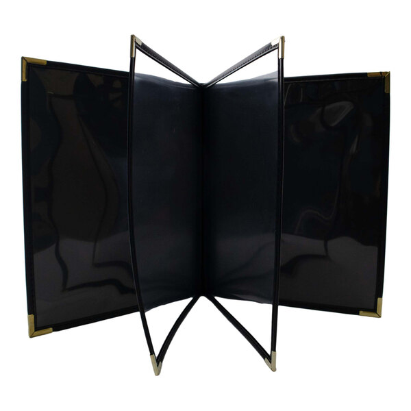 A black menu cover with gold corners.