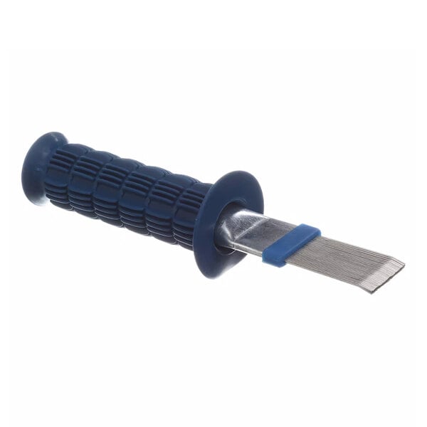 An Electrolux blue fin comb with a blue and white cushioned handle.