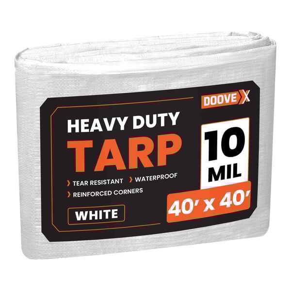 A white roll of Doovex heavy-duty weatherproof tarp material with black and orange labels.