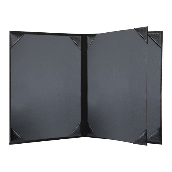 A black H. Risch, Inc. customizable menu cover with black album style corners on a white surface.
