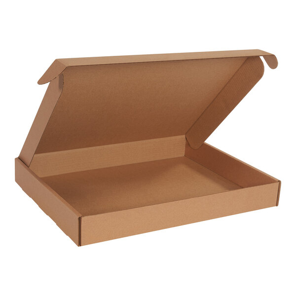 A brown Kraft corrugated mailer box with an open lid.