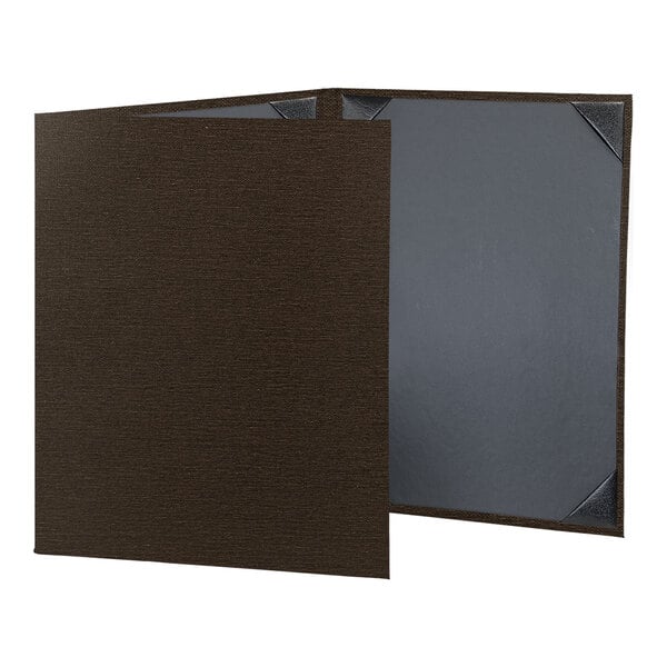 A brown H. Risch, Inc. menu cover with grey album style corners containing two black pages.