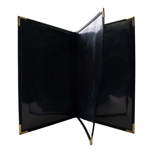 A black rectangular menu cover with gold corners and interior pocket.