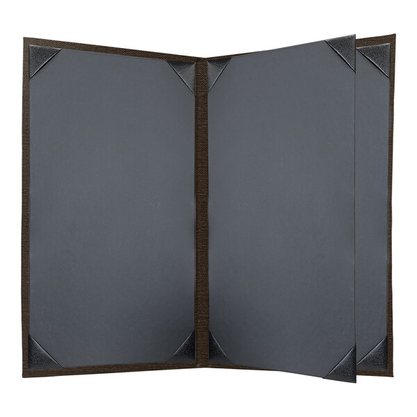 A grey rectangular menu cover with a brown border.