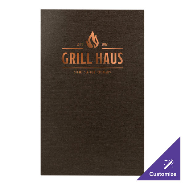 A brown H. Risch, Inc. customizable menu with gold text on a counter.