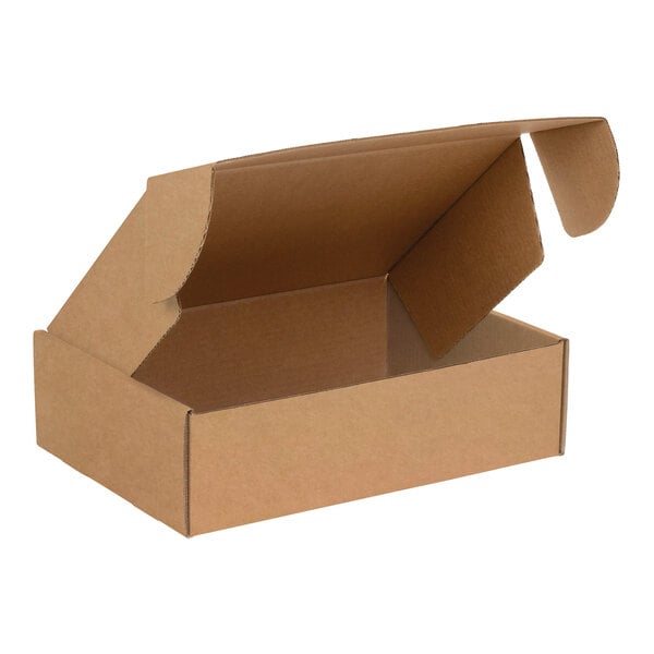 A brown Lavex Kraft corrugated mailer box with an open lid.