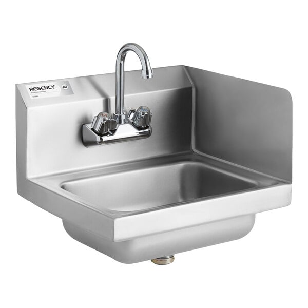 A stainless steel wall-mounted hand sink with a gooseneck faucet and a right side splash guard.