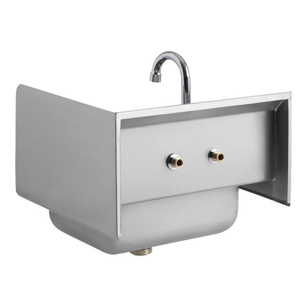 A stainless steel wall-mounted hand sink with a tall gooseneck faucet and side splash guards.