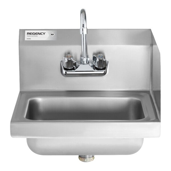 A stainless steel wall-mounted sink with a gooseneck faucet, two handles, and a right side splash guard.