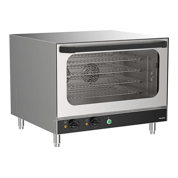 A stainless steel full size countertop convection oven with a glass door and control knobs on the front panel.