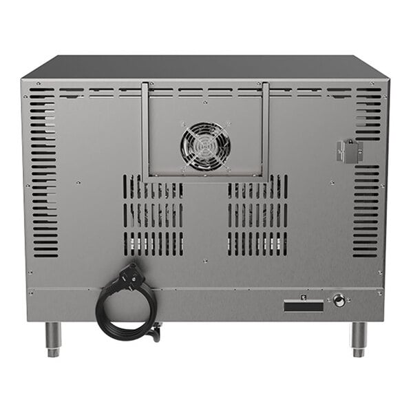 A stainless steel full size countertop convection oven with ventilation slots, a cooling fan, and an attached power cord.