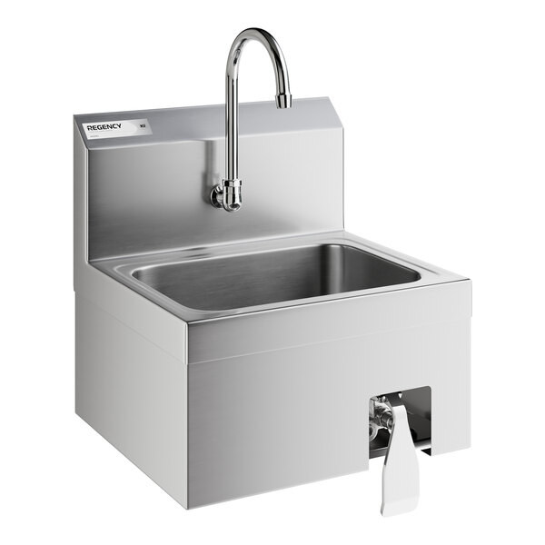 A Regency stainless steel wall-mounted hand sink with a knee-operated valve, faucet, and soap dispenser.