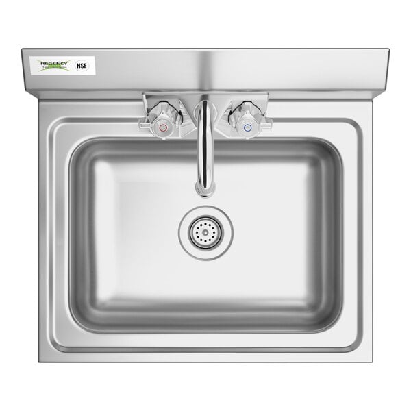 A Regency stainless steel wall-mounted hand sink with a gooseneck faucet.