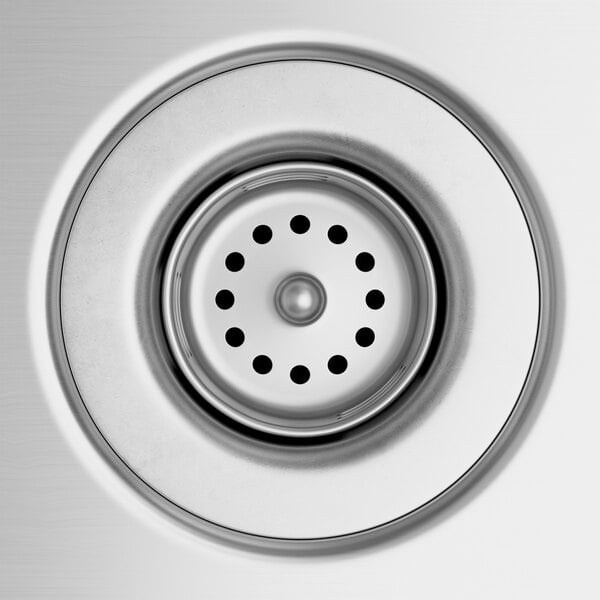 A close-up of a stainless steel sink drain on a white background.