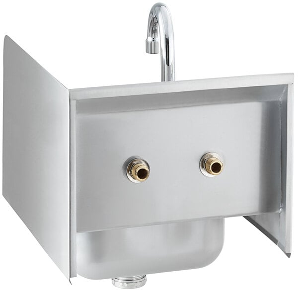 A silver Regency wall-mounted hand sink with a faucet.