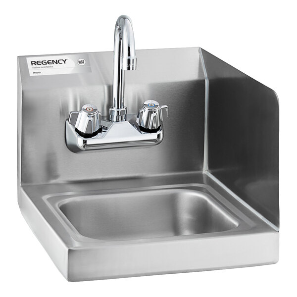 A stainless steel wall-mounted hand sink with a gooseneck faucet and a right side splash guard.