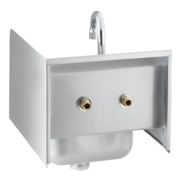 A stainless steel wall-mounted hand sink with a gooseneck faucet and side splashes.
