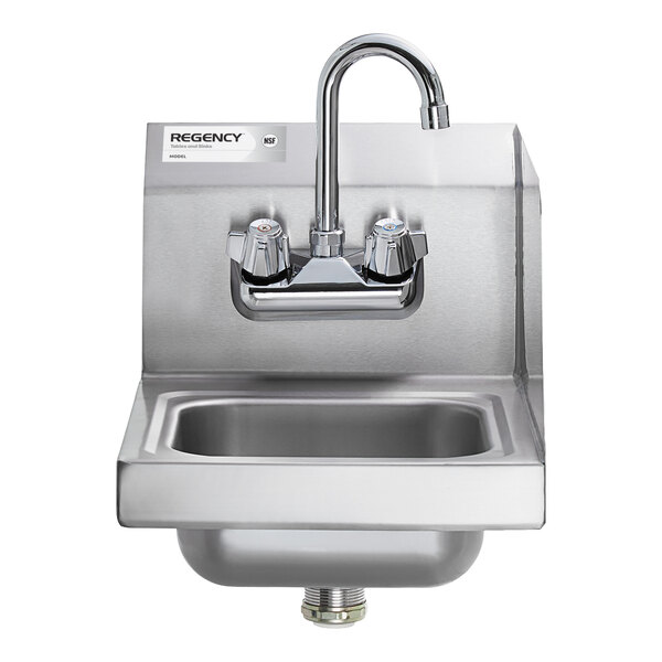 A stainless steel wall-mounted hand sink with a gooseneck faucet and a right side splash guard.