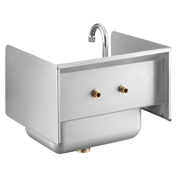 A Regency stainless steel wall-mounted hand sink with a gooseneck faucet and side splashes.