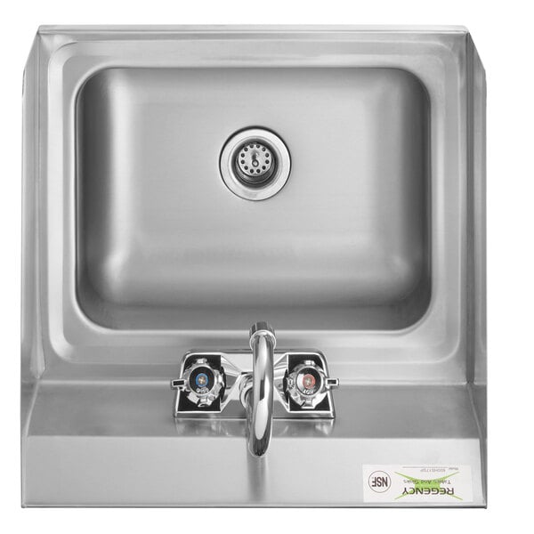 A Regency stainless steel wall-mounted hand sink with a gooseneck faucet and side splashes.