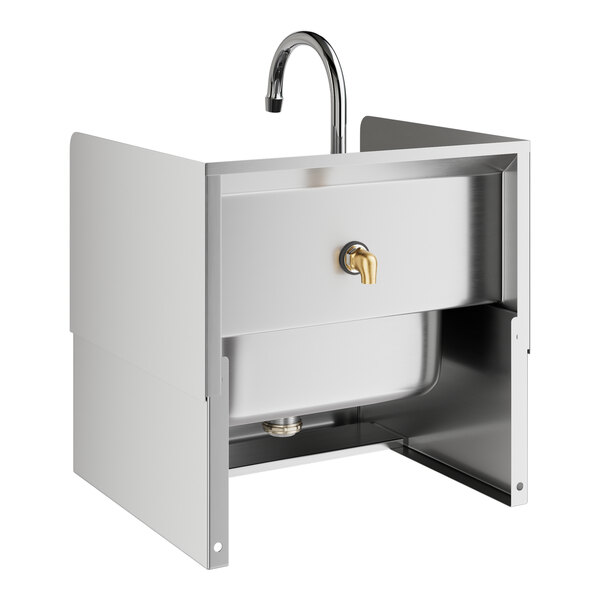 A metal Regency wall-mounted hand sink with a faucet.