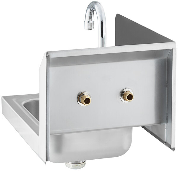 A Regency stainless steel wall-mounted hand sink with a gooseneck faucet on the left.